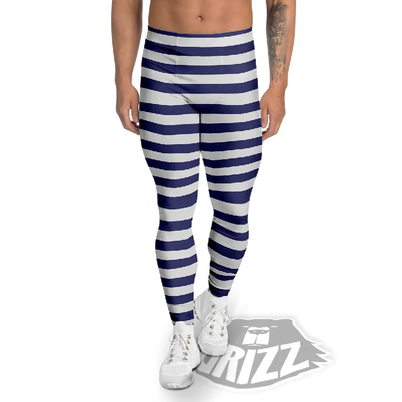 Striped White And Navy Print Pattern Men's Leggings