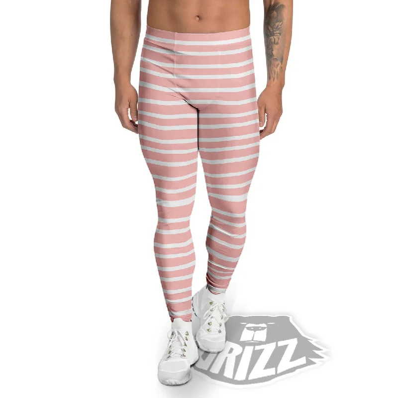 Striped White And Pink Print Pattern Men's Leggings