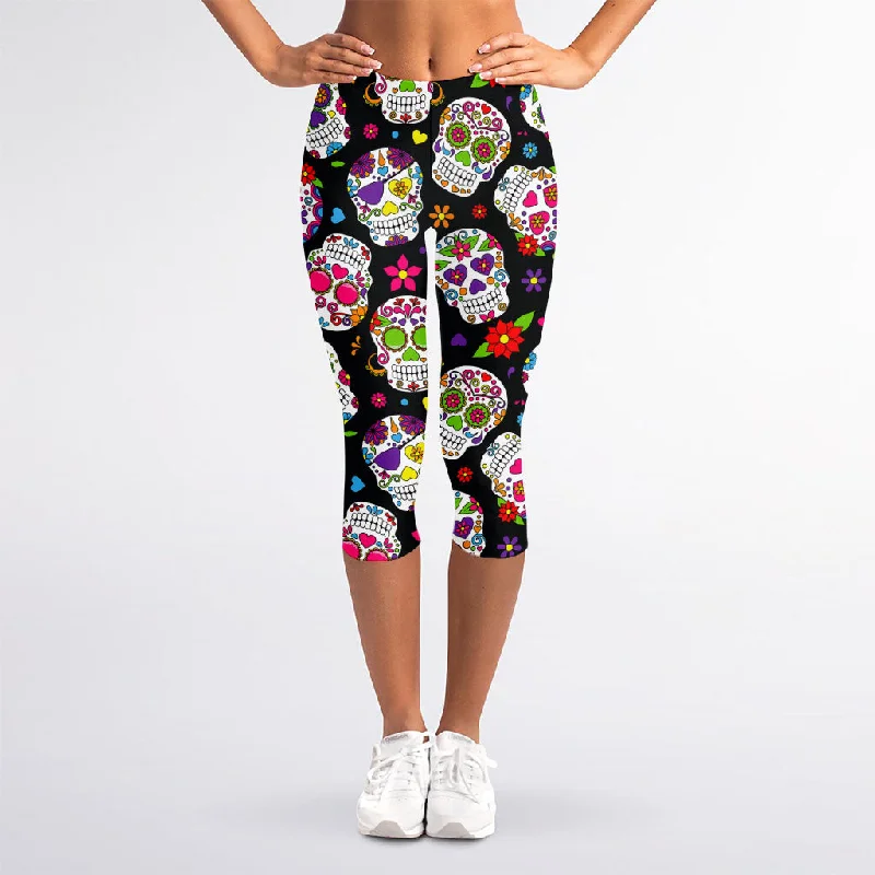 Sugar Skull Pattern Print Women's Capri Leggings