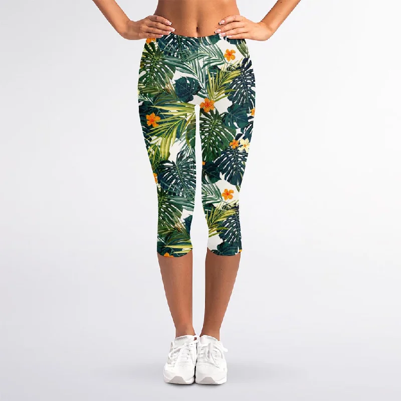 Summer Hawaiian Leaves Pattern Print Women's Capri Leggings