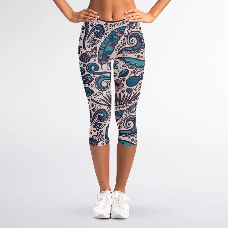 Summer Surfing Pattern Print Women's Capri Leggings