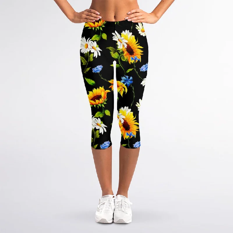 Sunflower Chamomile Pattern Print Women's Capri Leggings