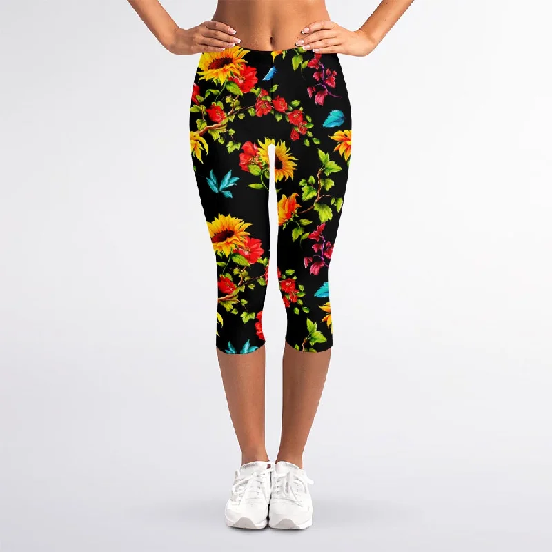 Sunflower Floral Pattern Print Women's Capri Leggings