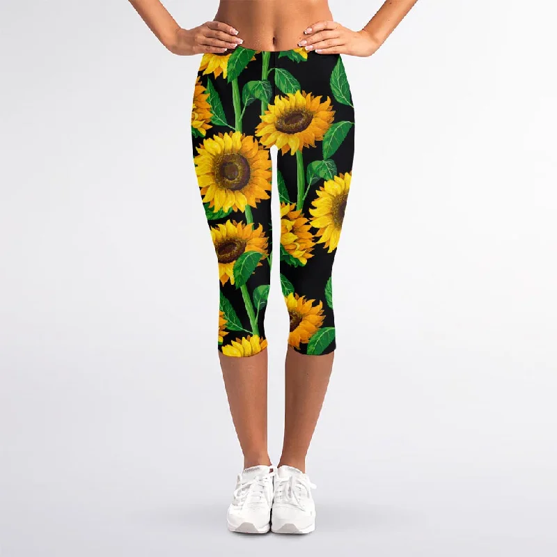 Sunflower Pattern Print Women's Capri Leggings