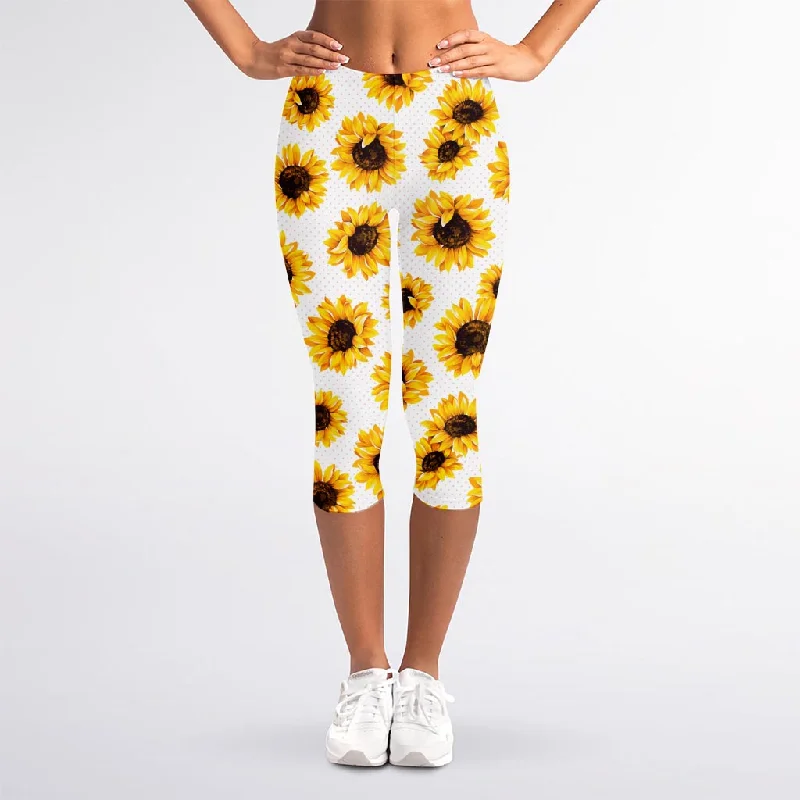 Sunflower Polka Dot Pattern Print Women's Capri Leggings