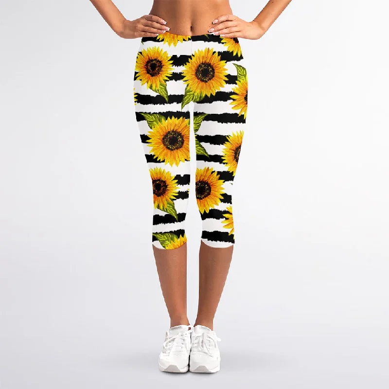 Sunflower Striped Pattern Print Women's Capri Leggings