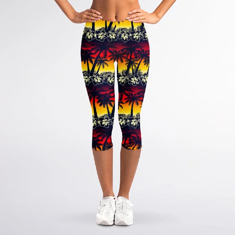 Sunset Hibiscus Palm Tree Pattern Print Women's Capri Leggings