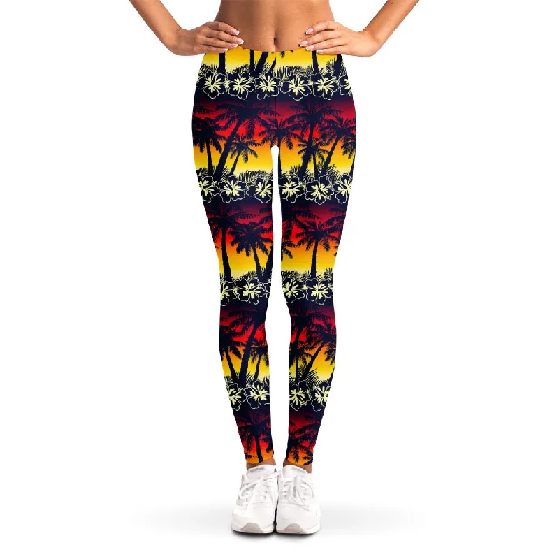 Sunset Hibiscus Palm Tree Pattern Print Women's Leggings