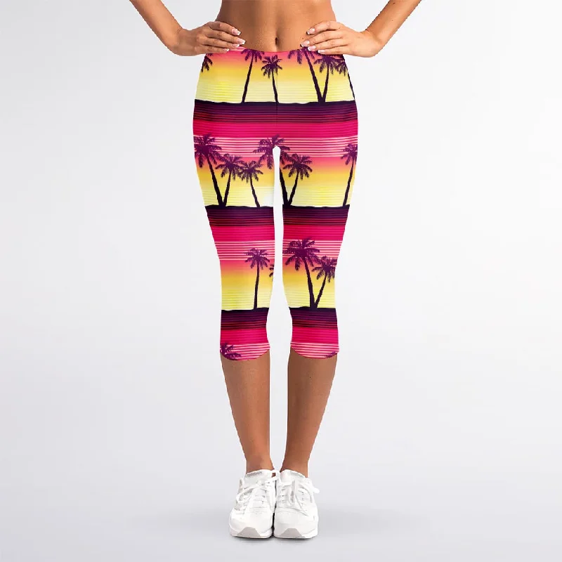 Sunset Palm Tree Pattern Print Women's Capri Leggings