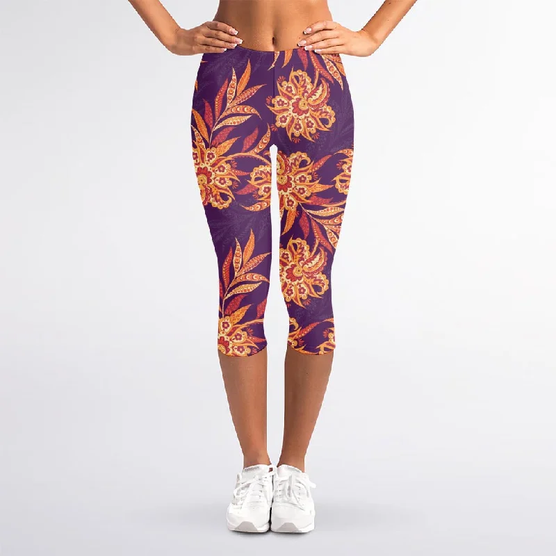 Tangerine Floral Bohemian Pattern Print Women's Capri Leggings