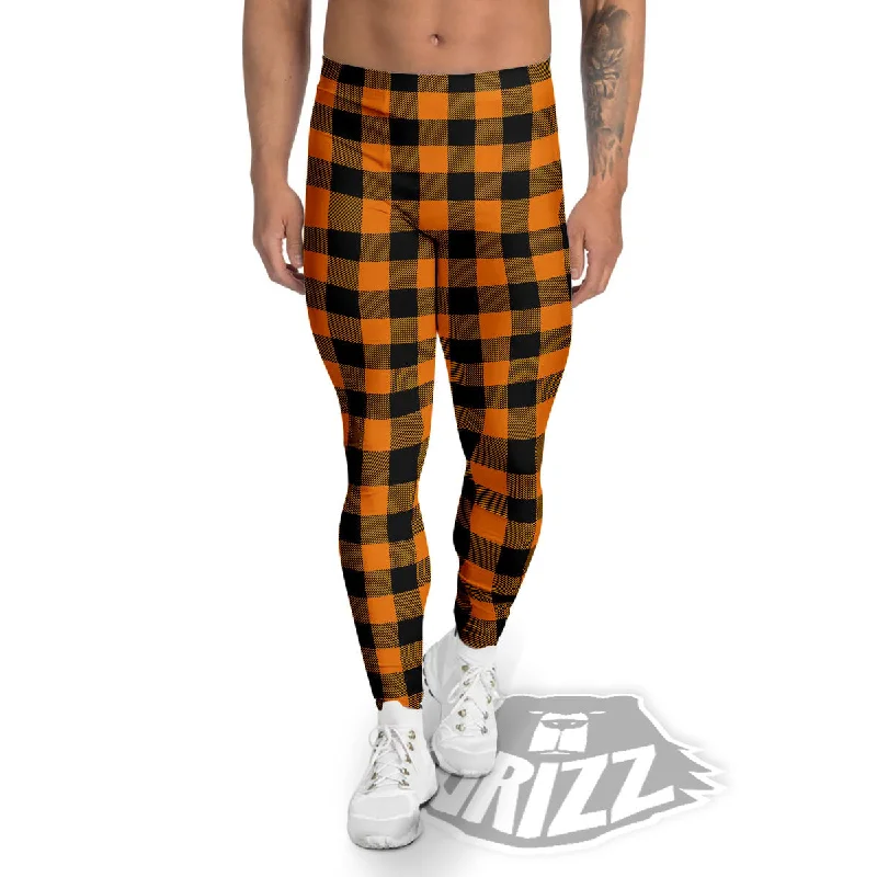 Tartan Black And Orange Print Pattern Men's Leggings