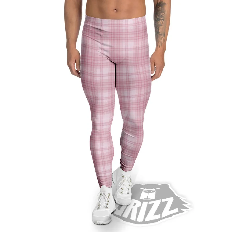 Tartan White And Pink Print Pattern Men's Leggings