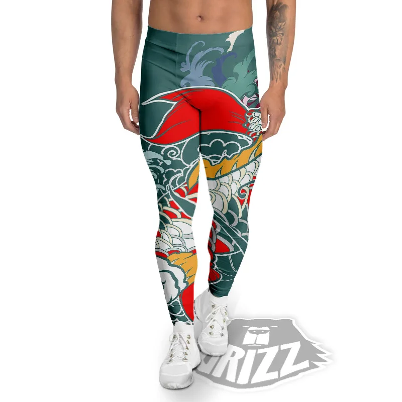 Tattoo Japanese Koi And Flower Print Men's Leggings