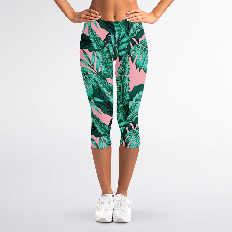 Teal Banana Leaves Pattern Print Women's Capri Leggings