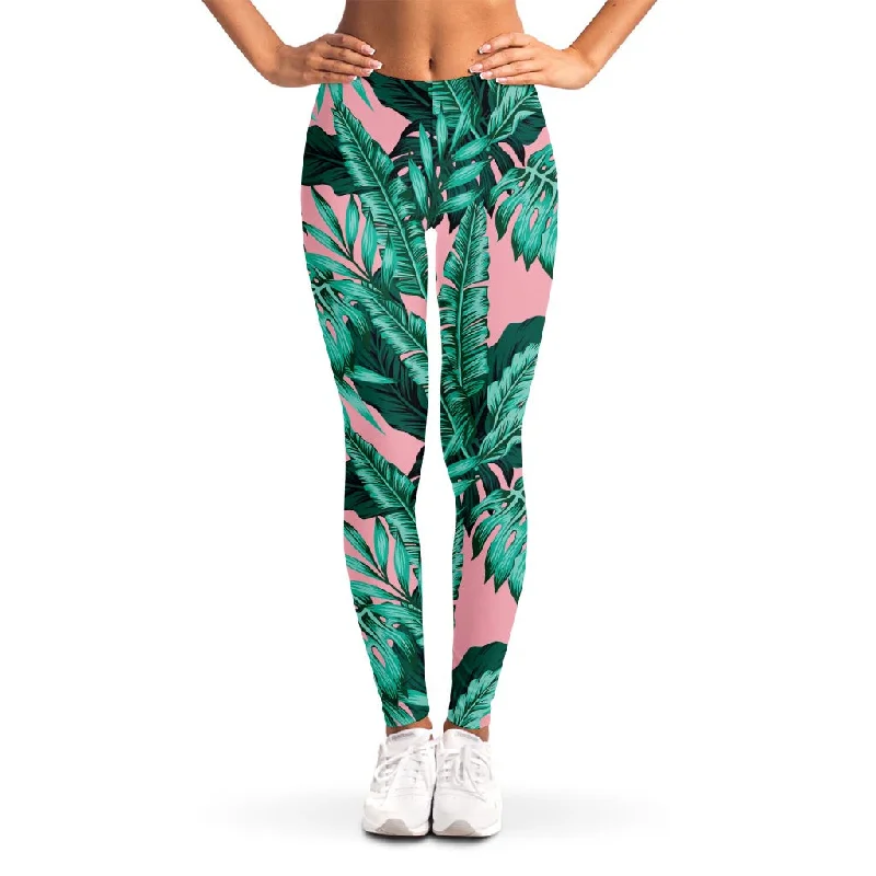 Teal Banana Leaves Pattern Print Women's Leggings