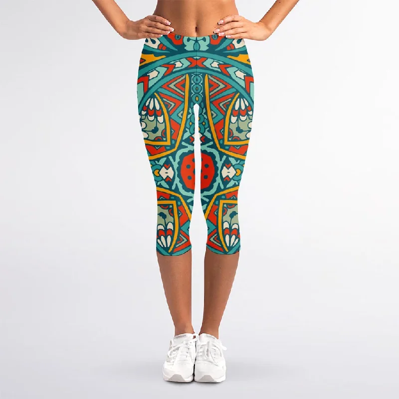 Teal Bohemian Mandala Pattern Print Women's Capri Leggings