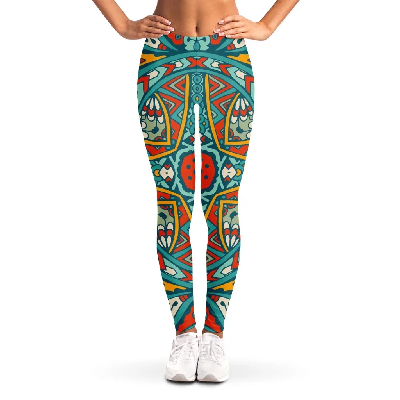 Teal Bohemian Mandala Pattern Print Women's Leggings