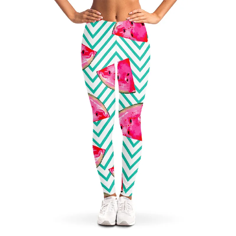 Teal Chevron Watermelon Pattern Print Women's Leggings