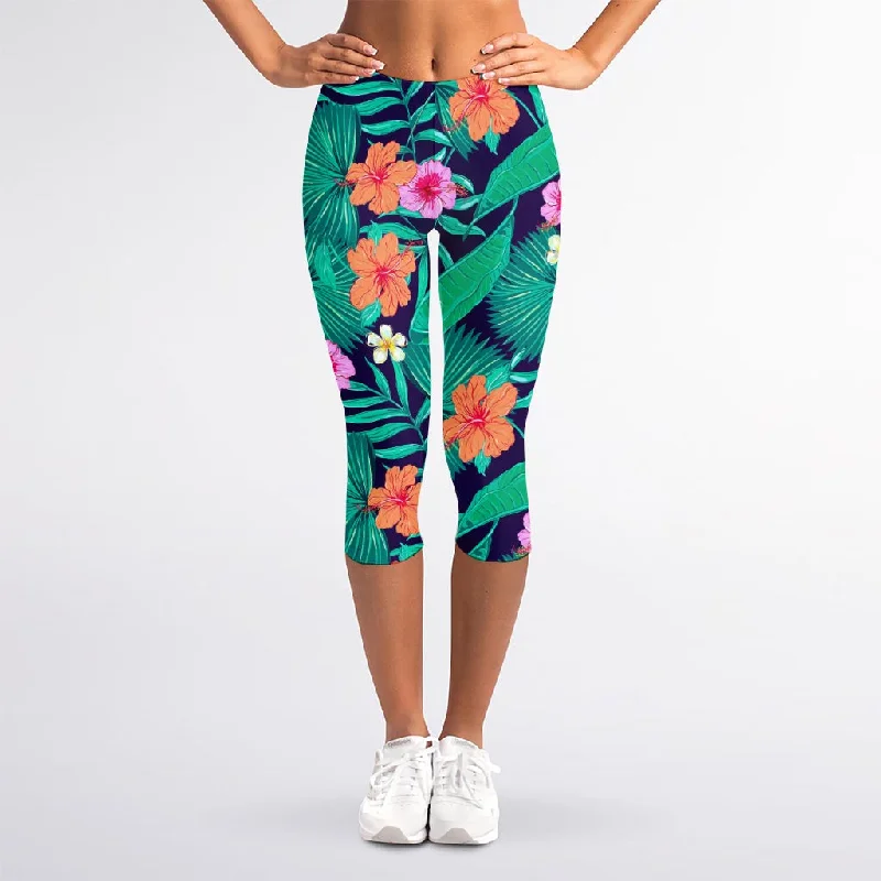 Teal Hawaiian Leaf Flower Pattern Print Women's Capri Leggings