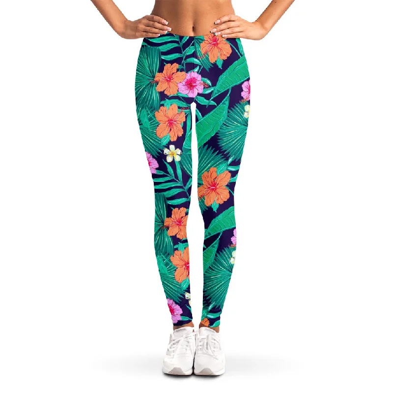 Teal Hawaiian Leaf Flower Pattern Print Women's Leggings