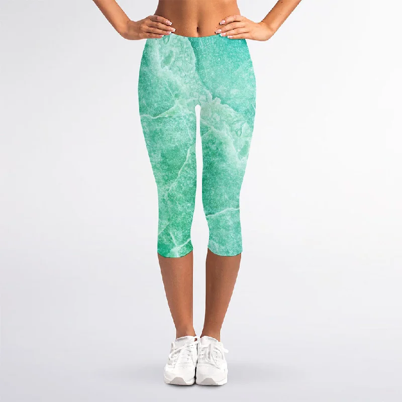 Teal Marble Print Women's Capri Leggings