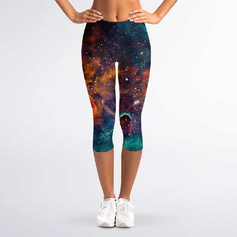 Teal Orange Universe Galaxy Space Print Women's Capri Leggings