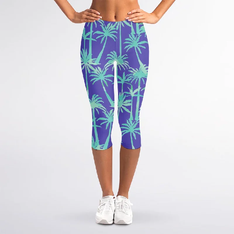 Teal Palm Tree Pattern Print Women's Capri Leggings