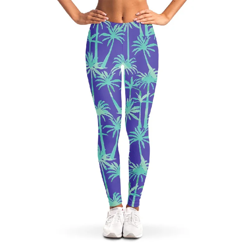 Teal Palm Tree Pattern Print Women's Leggings