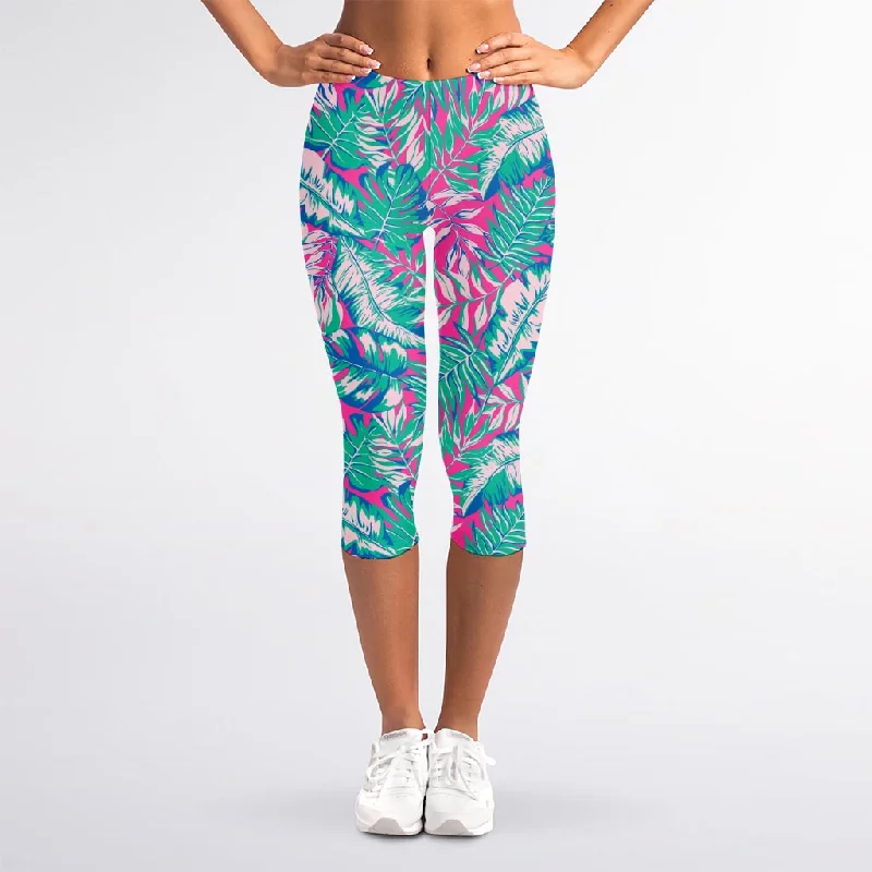 Teal Pink Blossom Tropical Pattern Print Women's Capri Leggings