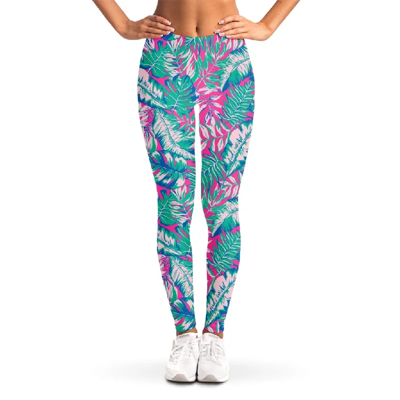 Teal Pink Blossom Tropical Pattern Print Women's Leggings