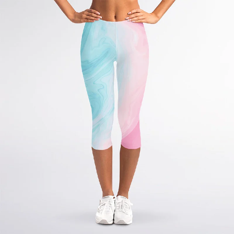 Teal Pink Liquid Marble Print Women's Capri Leggings