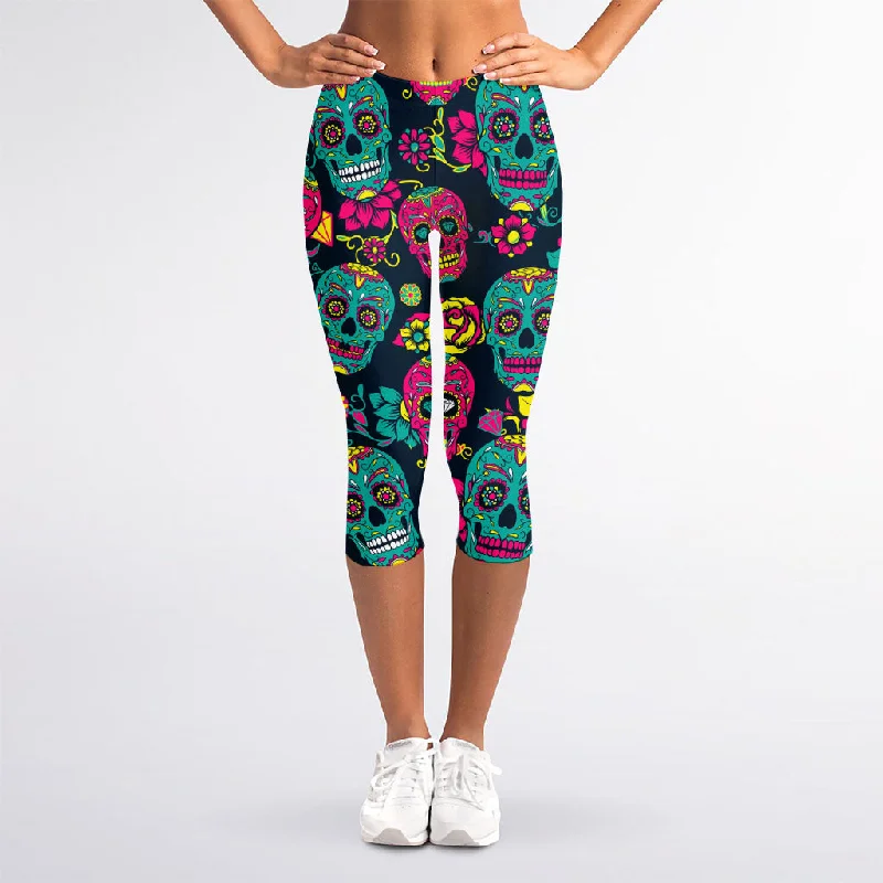 Teal Pink Sugar Skull Pattern Print Women's Capri Leggings