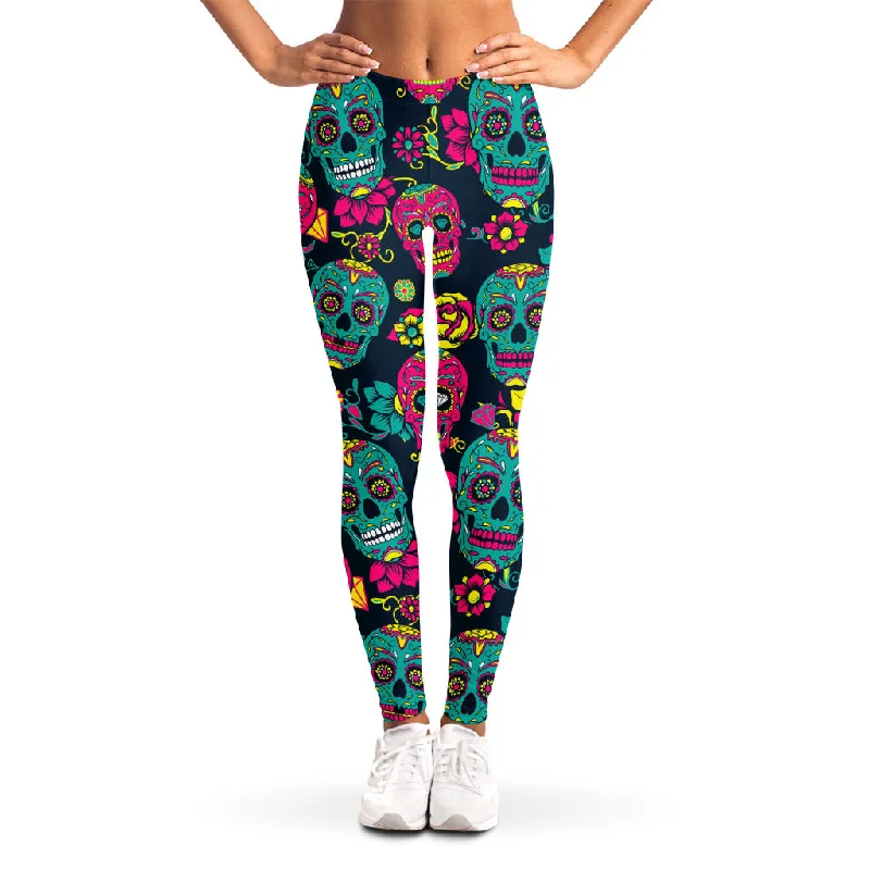 Teal Pink Sugar Skull Pattern Print Women's Leggings