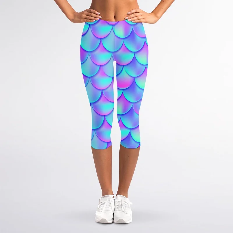 Teal Purple Mermaid Scales Pattern Print Women's Capri Leggings