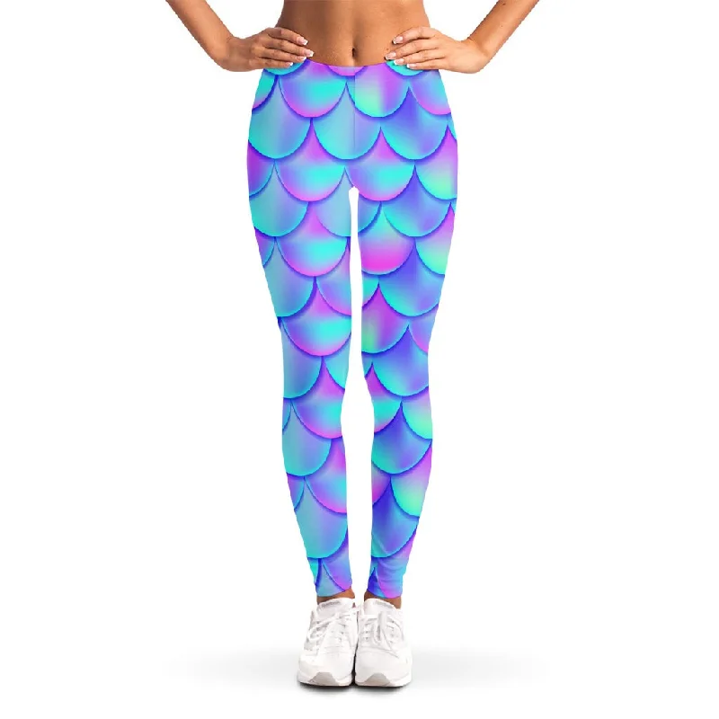 Teal Purple Mermaid Scales Pattern Print Women's Leggings