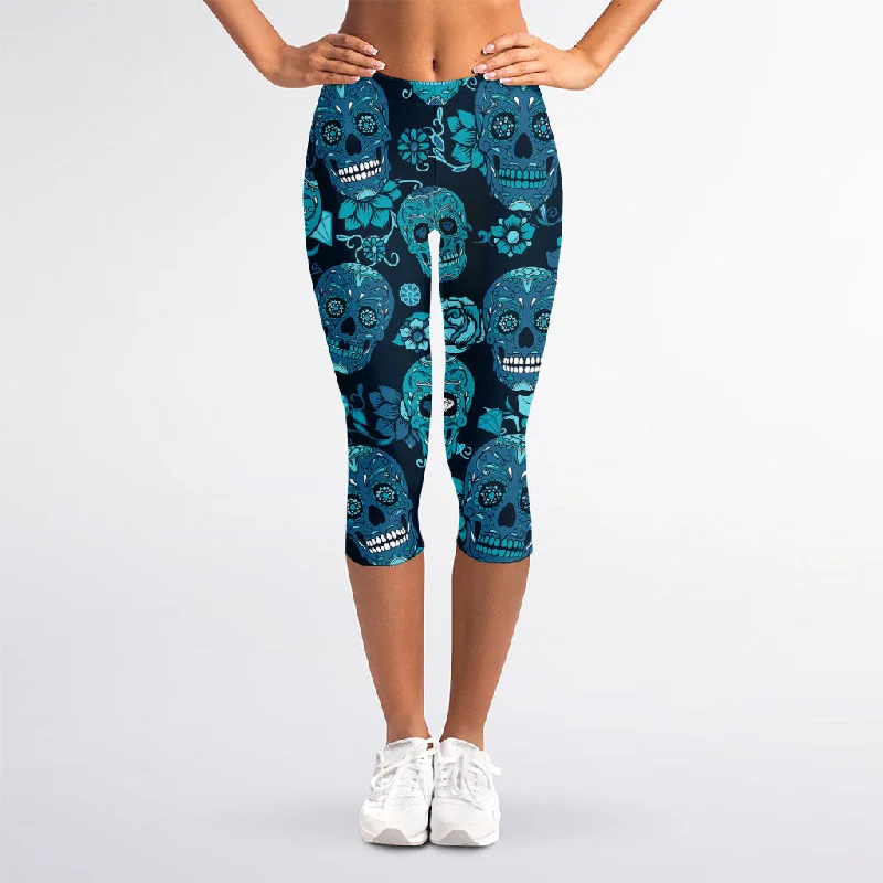 Teal Sugar Skull Flower Pattern Print Women's Capri Leggings