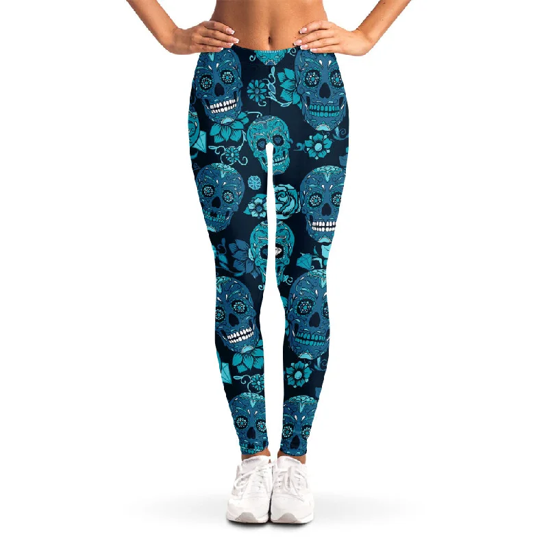 Teal Sugar Skull Flower Pattern Print Women's Leggings