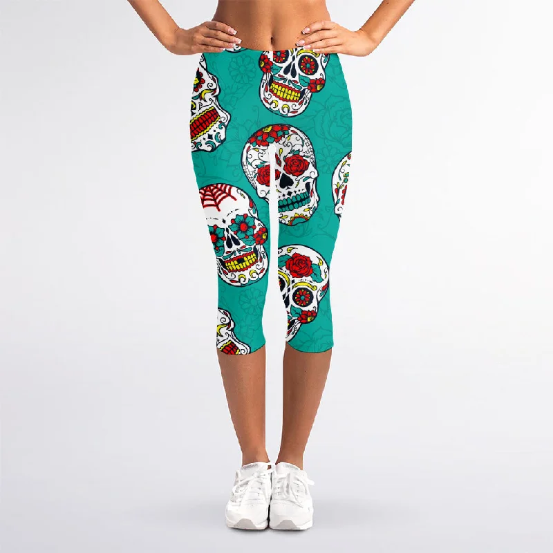 Teal Sugar Skull Pattern Print Women's Capri Leggings