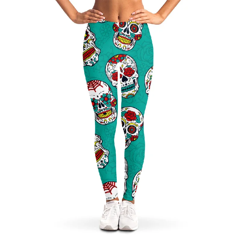 Teal Sugar Skull Pattern Print Women's Leggings