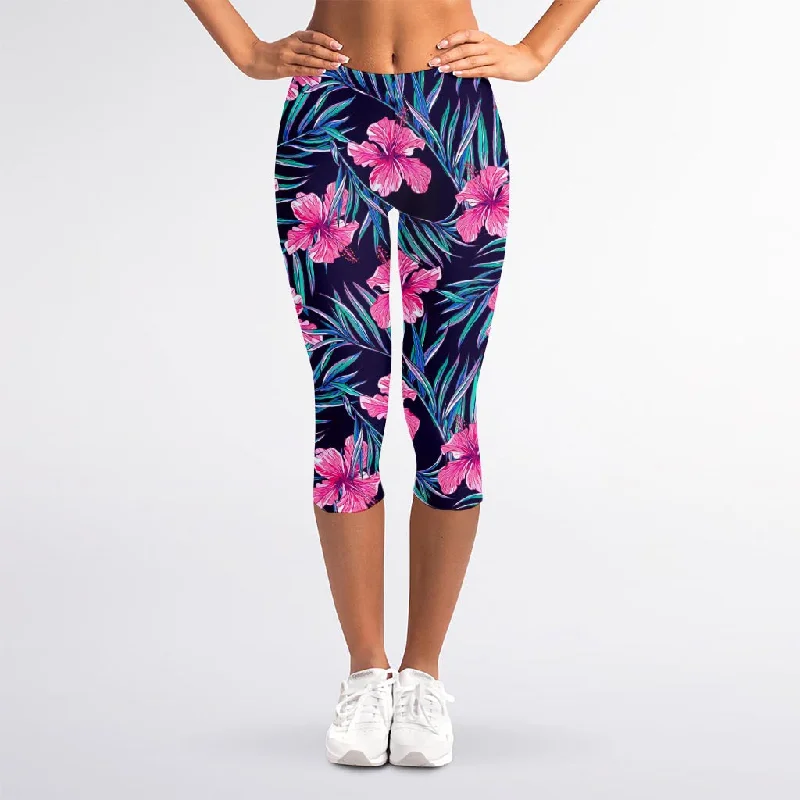 Teal Tropical Hibiscus Pattern Print Women's Capri Leggings