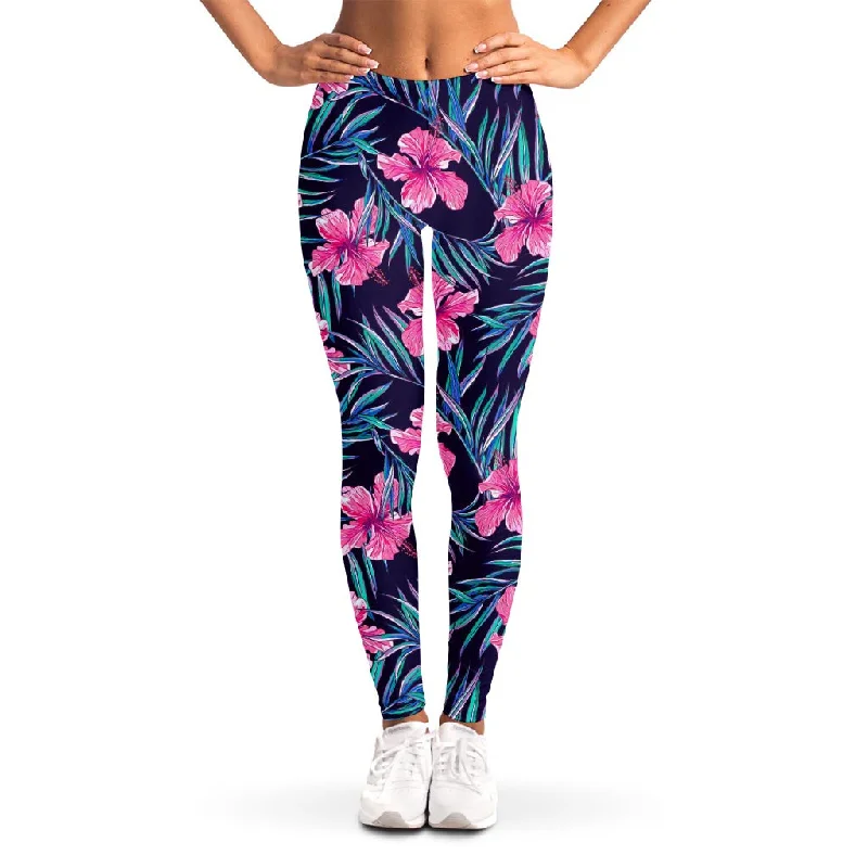 Teal Tropical Hibiscus Pattern Print Women's Leggings