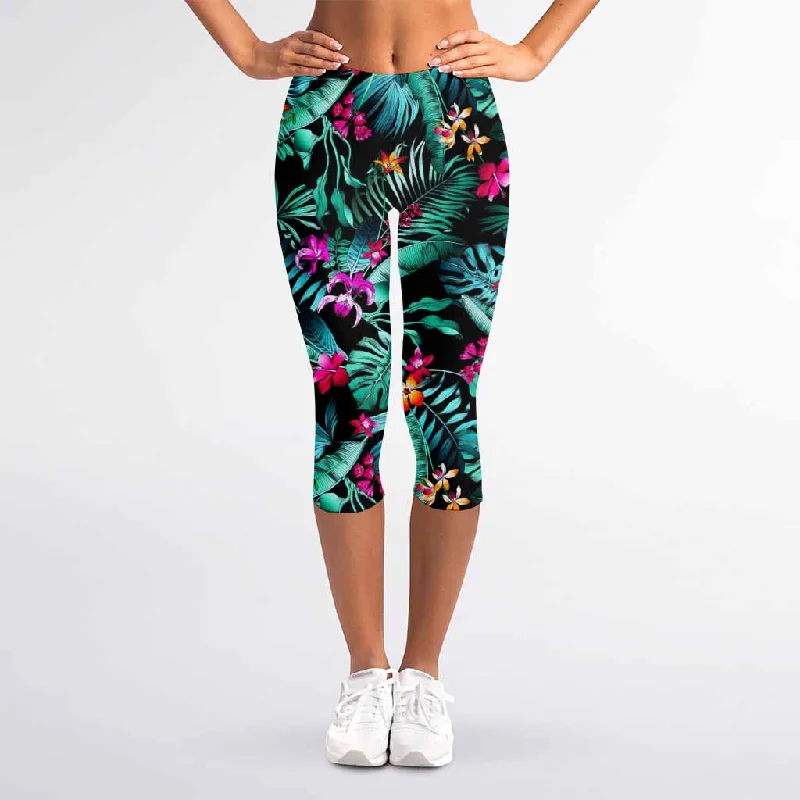 Teal Tropical Leaf Hawaii Pattern Print Women's Capri Leggings