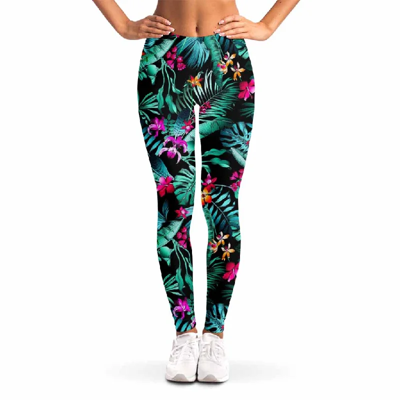 Teal Tropical Leaf Hawaii Pattern Print Women's Leggings