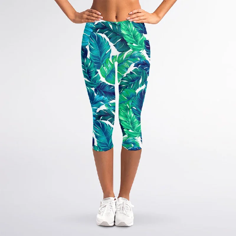 Teal Tropical Leaf Pattern Print Women's Capri Leggings