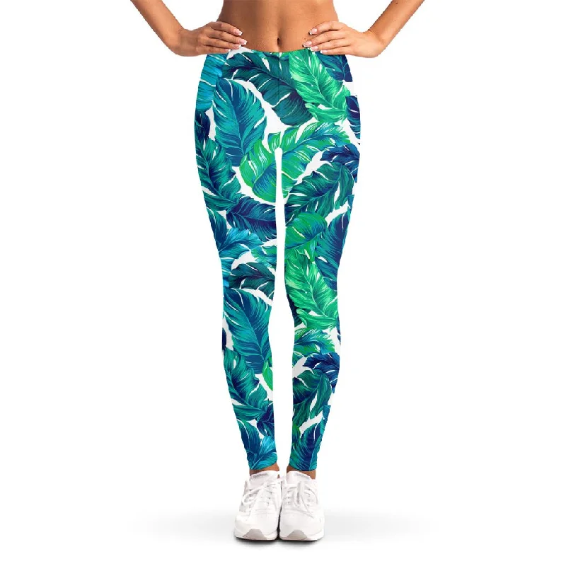 Teal Tropical Leaf Pattern Print Women's Leggings