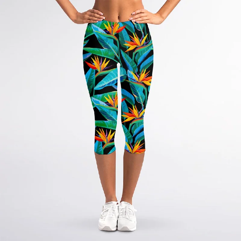 Teal Tropical Pattern Print Women's Capri Leggings