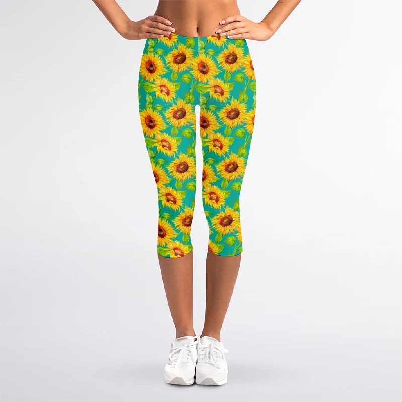 Teal Watercolor Sunflower Pattern Print Women's Capri Leggings