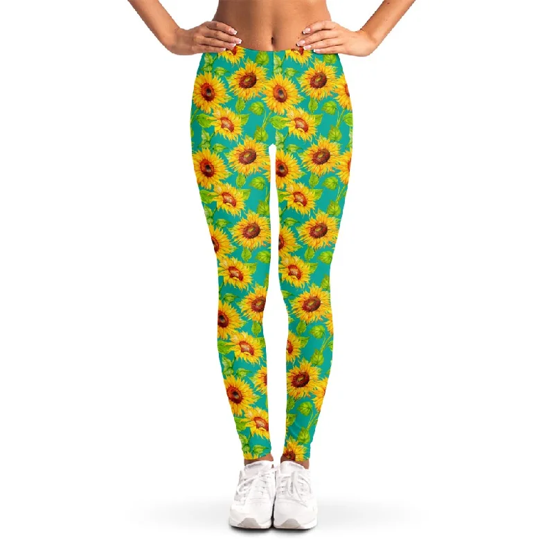 Teal Watercolor Sunflower Pattern Print Women's Leggings