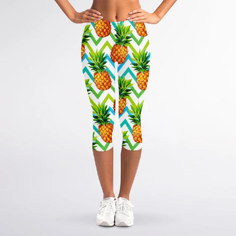 Teal Zig Zag Pineapple Pattern Print Women's Capri Leggings