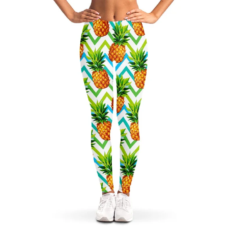 Teal Zig Zag Pineapple Pattern Print Women's Leggings